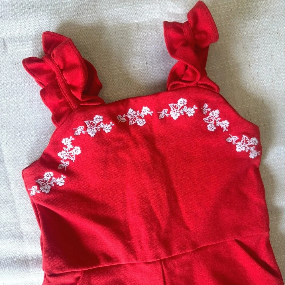 Janie Jack Girls 6 Red Embroidered Romper Ruffle Strap Coquette Fourth of July